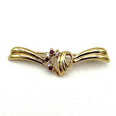 HEART RIBBON ruby & CZ brooch - 2'' gold-plated cubic zirconia pin signed JC