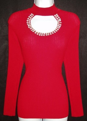 COCO BLEU WOMEN'S CRYSTAL RHINESTONE PEEK-A-BOO FRONT RED TOP STRETCHY M NWOT