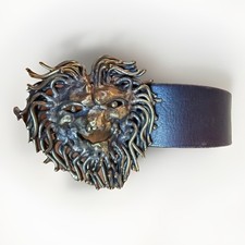 1960s Brutalist Brass Lion Buckle Full Grain Cowhide Leather Belt Handmade VTG