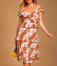 Lulus Fleur Evermore Pink Ruffle Tiered Midi Dress Sz Medium NEW Pink Floral