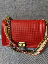 Auth Chanel Le Boy Flap Shoulder Bag Red Embossed Grid Calfskin Gold Chain