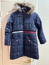 EUC Tommy Hilfiger Girls sz 16XL Navy Long Faux Fur Trim Hood Puffer Jacket Coat