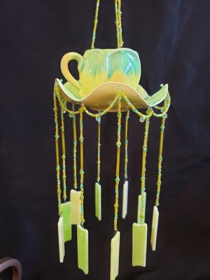 Repurposed Tea Cup Windchime Stained Glass Sun Catcher Window Hanging Indoors