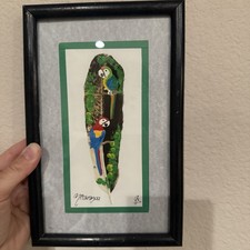 Pintura de arte de loros sobre plumas obra de arte enmarcada Nicaragua azul verde