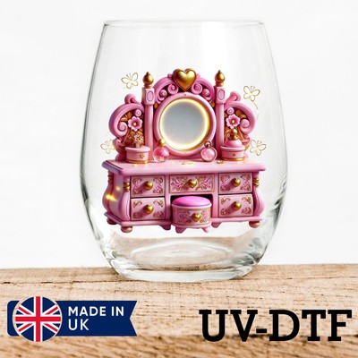 Rosa Schminktisch 8 Stück UV DTF Aufkleber - Glas Laptop Becher Tasse up203