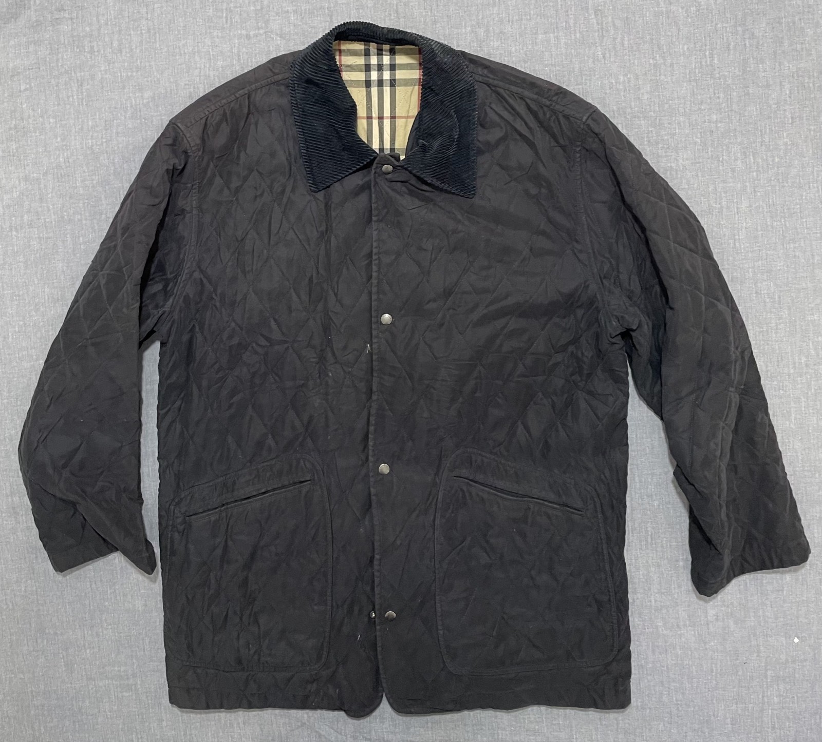 Burberry London Quilted Jacket Nova Check Corduroy Collar Mens L XL Black