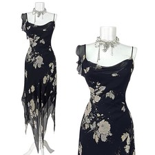 Vintage Black Silk Asymmetrical Prom Dress Maxi Floral Gown Y2K 90s