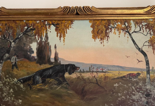 Antique oil painting on canvas Hunting scene Pointer signed framed - Picture 2 of 7