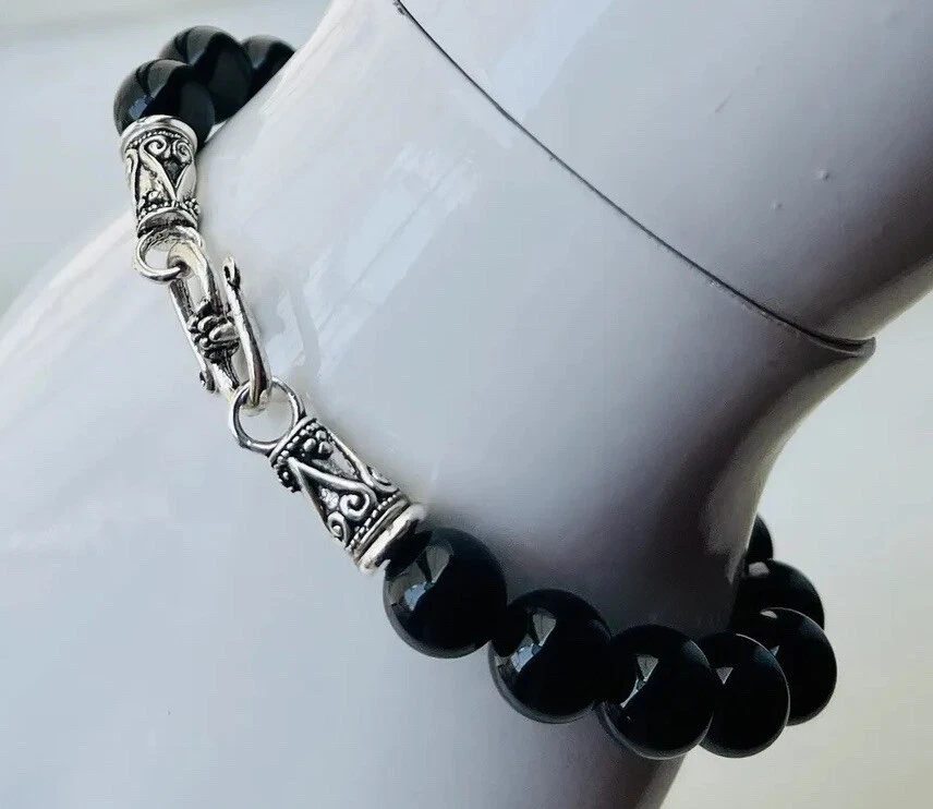 Black Polished Agate Natural Stone (8mm)   Tibetan Silver Bracelet - Image 2 of 4