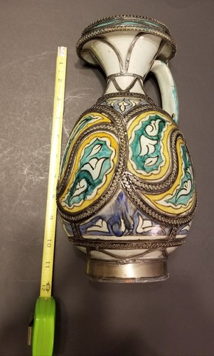 Old Moroccan Vase Majolica Silver Filigree Signed Vase Approx 11" YinYang Design - Picture 4 of 15
