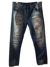 Parish Nation Men’s Jeans, Sz 34 32 Distressed W/Patch Work And Embroidery j253