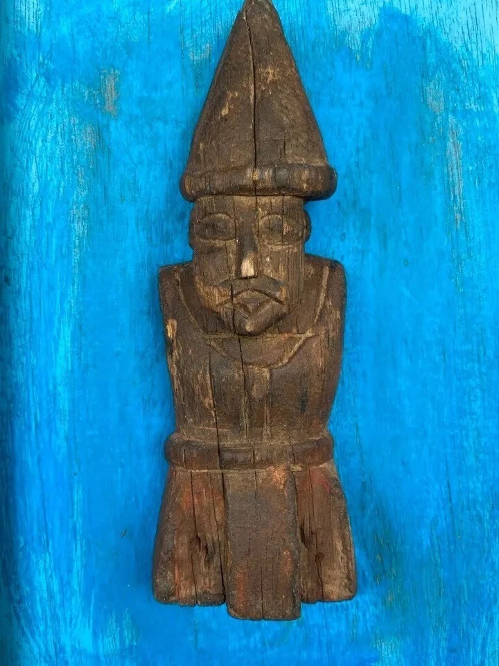 Figura de hombre tribal antiguo tallada a mano de madera vintage colgante marco de pared azul Foto 4 de 4