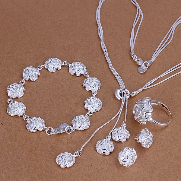 Hermoso Moda Plata 925 Anillo Rosa Pendiente Pulsera Collar Set