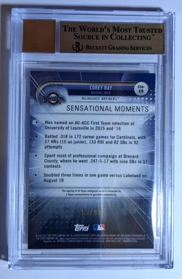 2017 BOWMAN CHROME SENSATION AUTO COREY RAY BGS 9.5 10 - Image 2 of 2