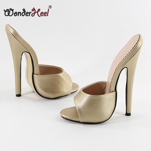 Sandali da donna tacco a stiletto 18 cm pelle opaca fetish slip on tacco alto punta aperta - Foto 2 di 14