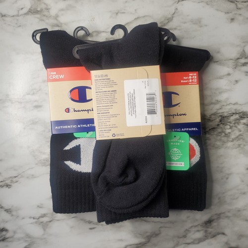 3 Pairs Black Logo Champion Crew Socks Shoe Size Men's 6-12 or Women's 8-12 - Picture 2 of 4