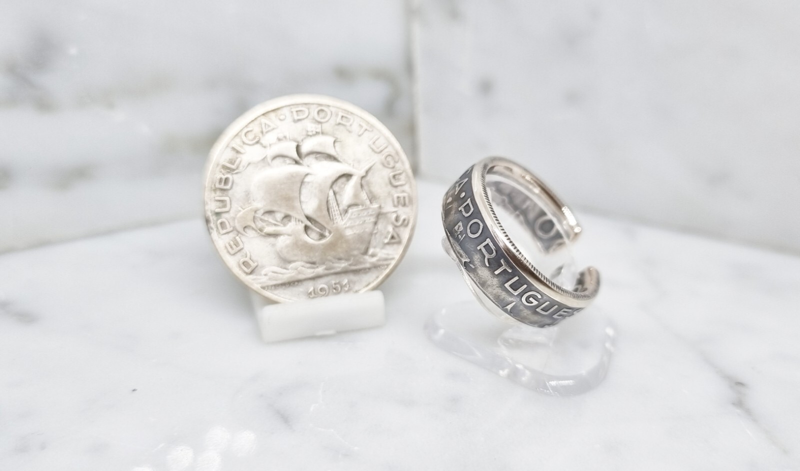 Bague pièce 5 Escudos Portugal en argent | Anneau ajustable vintage