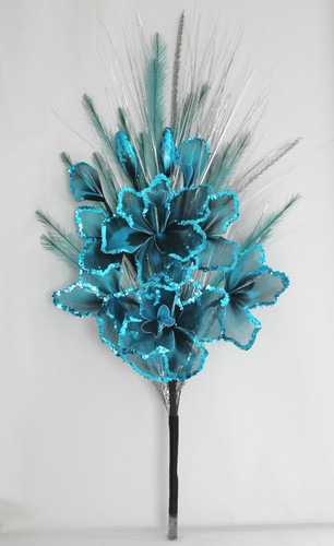 BLUE GLITTER NETLON FLOWERS, MIXED GRASSES, ARTIFICIAL HANDMADE BOUQUET 95cm