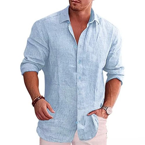 Camisa De Lino Y Algodón Para Hombre Camisa De Manga Larga Color Sólido, Estilo - Picture 14 of 18