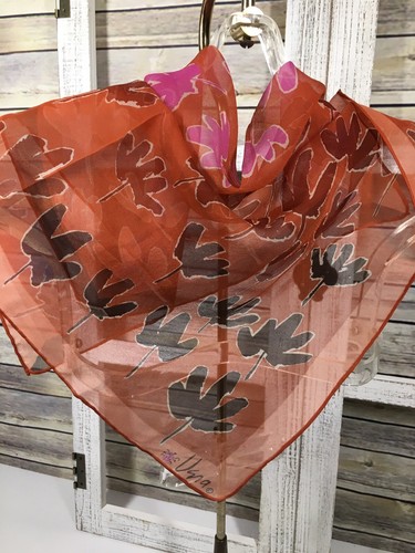 VERA NEUMANN Scarf Silk Coral Pink Purple Peach 21” Square Floral Leaves Vintage - Picture 10 of 21
