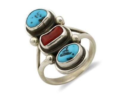 Navajo Ring 925 Silver Sleeping B Turquoise & Coral Native American Artist C.80s