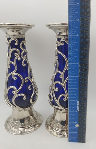 2er Set Vintage Kobaltblau Glas & Silber Stumpenkerzenständer Filigran Schnörkel - Bild 10 von 11