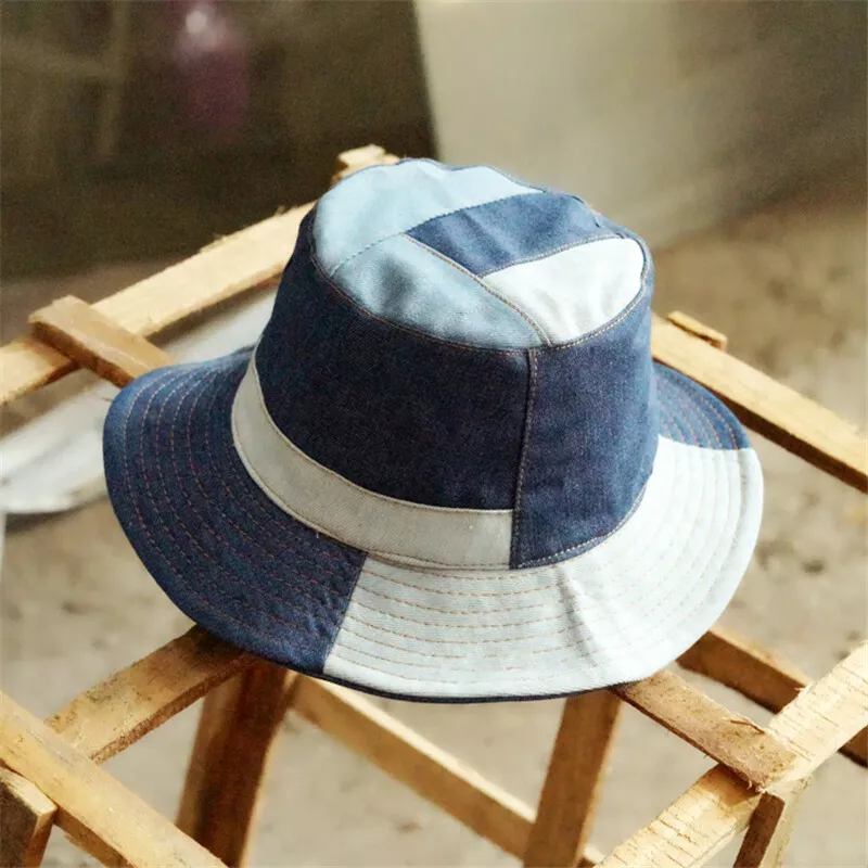 Denim Patchwork Bucket Hat Fishing Unisex Sunhat Caps Retro