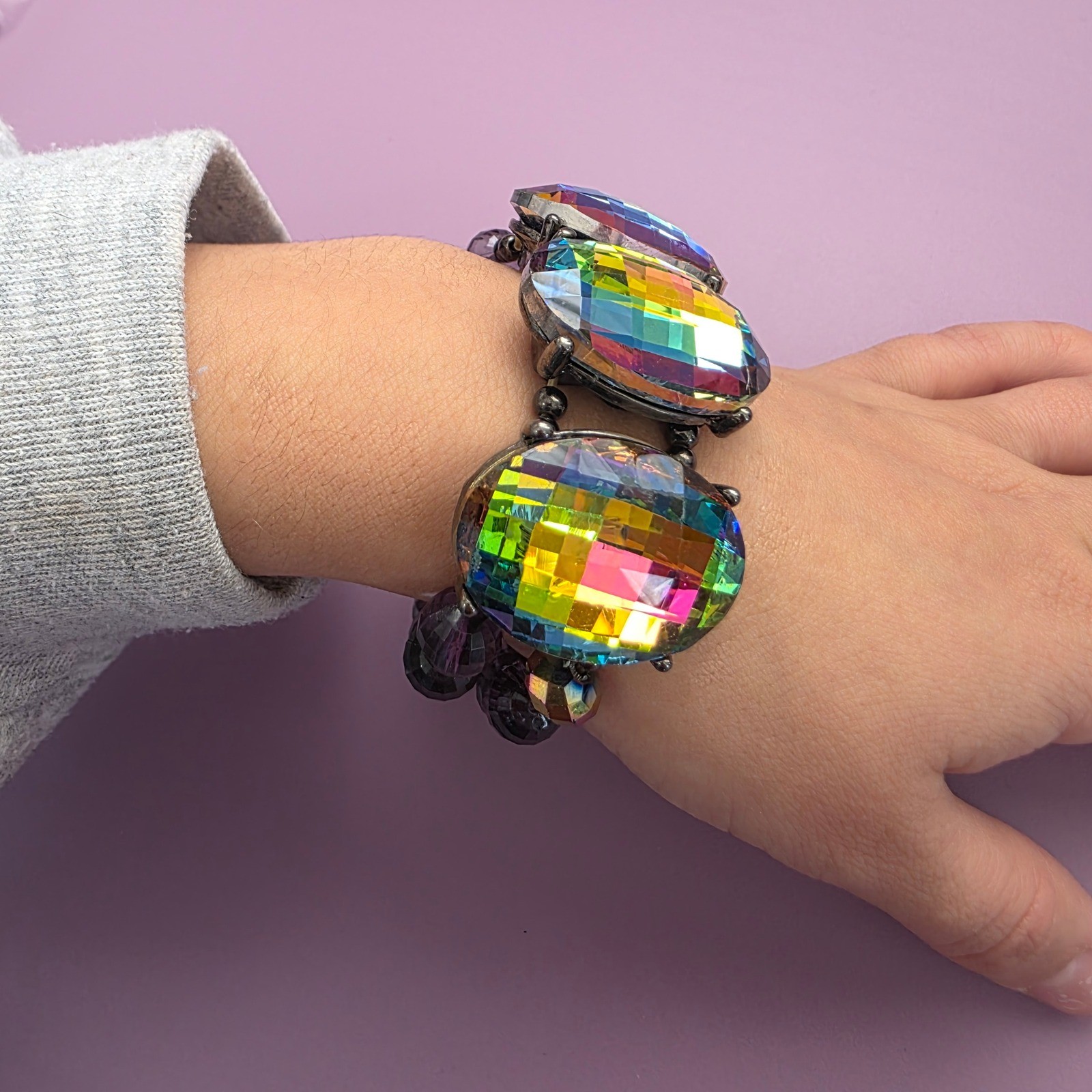 Rainbow Aurora Borealis Statement Stretch Bracele… - image 7