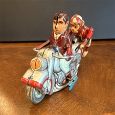Nomura Vintage Tin Motorcycle Toy w/ Rider  Sidecar Passenger, Japan PAT 34354