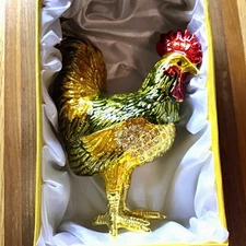 Qifu Metal Rooster Trinket Box Enamel and Rhinestones
