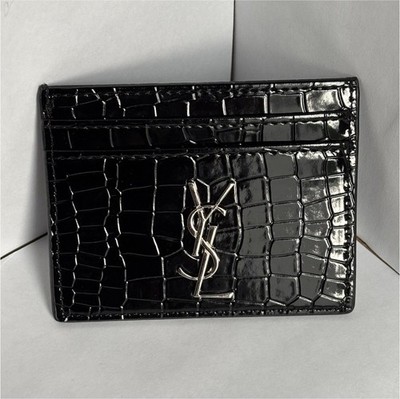 Saint Laurent Black Crocodile Pattern Logo Accent Women's Card Wallet