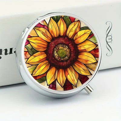 Pretty SUNFLOWER Pill Box Organizer Medicine  Case Triple Compartment Travel