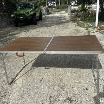 Vintage Faux Wood Grain Folding Table Aluminum Legs Camping 63  X 30 