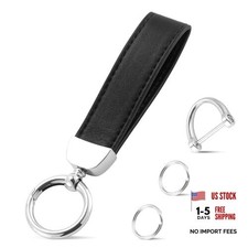 Leather Keychain, Car Key Chain with Anti-Lost D-Ring and 2 Key Ring, B-black