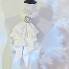 Victorian Neck Collar Halloween White Jacquard Ruffle Jabot Bow Tie with Brooch