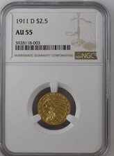 1911 D Gold Quarter Eagles $2 1/2 Indian Head NGC AU-55 PQ LOOKS 58 STRONG D