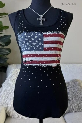 New Vocal Apparel Women's Crystal Black American Flag Tank Top Shirt S M L XL - Image 1 of 4