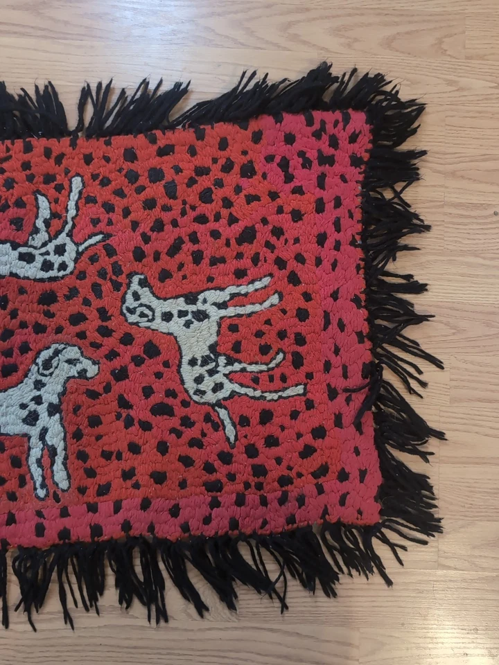 Dalmatians Dog Hooked Rug Antique American Fringed Table Mat Folk Art - Image 4 of 4