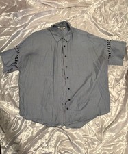 Madewell Blue Pinstripe Short Sleeve Shirt with Ruched Sleeve Detail