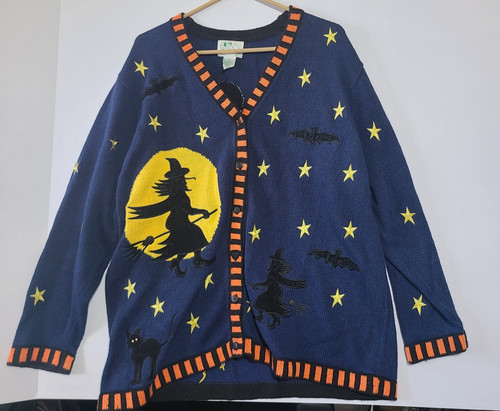 The Quacker Factory Cardigan Sweater Halloween Witch Cats Bats 1X