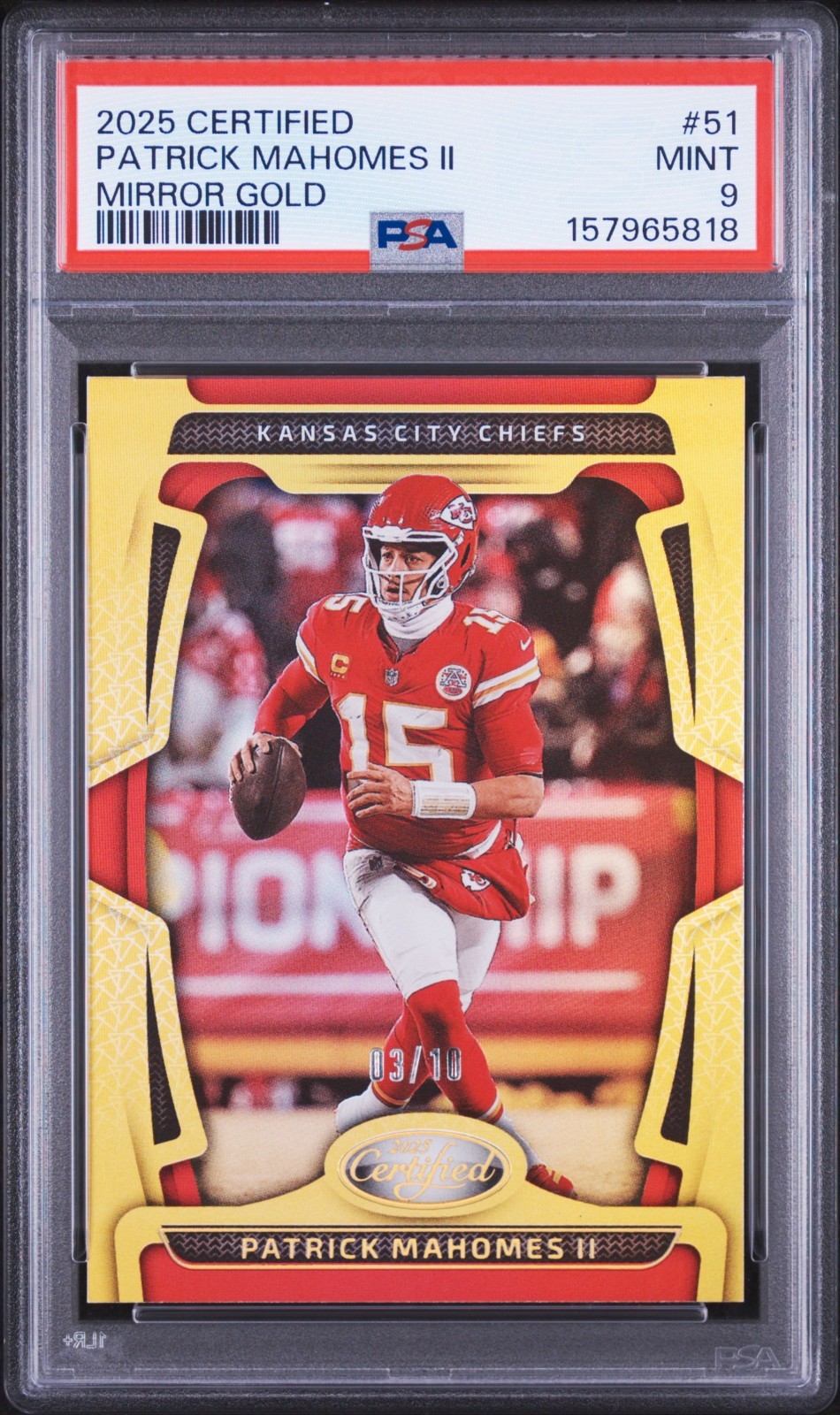 PATRICK MAHOMES II 2025 PANINI CERTIFIED MIRROR GOLD SP 3/10 PSA 9 MINT CHIEFS