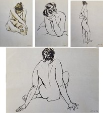XOUAL (XX) Lot 4 Dessins Lavis Encre de Chine Nu 1976 29x21cm Figuration libre