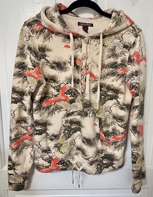 Vintage Lucky Brand Hoodie Sweatshirt Womens Medium Crane Bird Trees Henley Y2K
