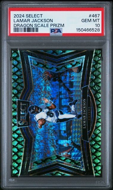 2024 PANINI SELECT LAMAR JACKSON DRAGON SCALE PRIZM FIELD /70 #467 PSA 10