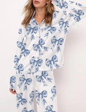 Chinoiserie Bow Silky Satin Pajama Set For Women