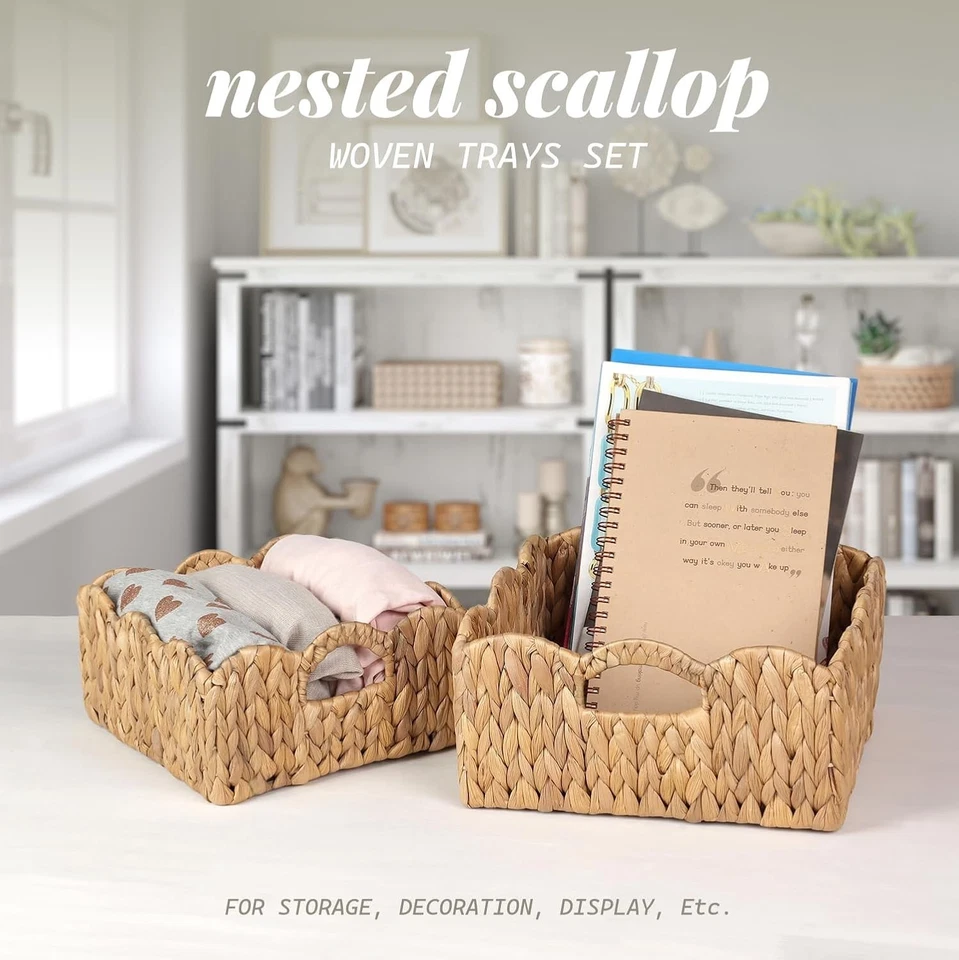 Juego de 2 cestas de jacinto de agua festoneadas, contenedores de almacenamiento tejidos con asas Foto 4 de 4