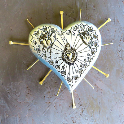 Milagros Sacred Heart Nails Wood Silver Embossed Heart Mexico Folk Art Wall Art