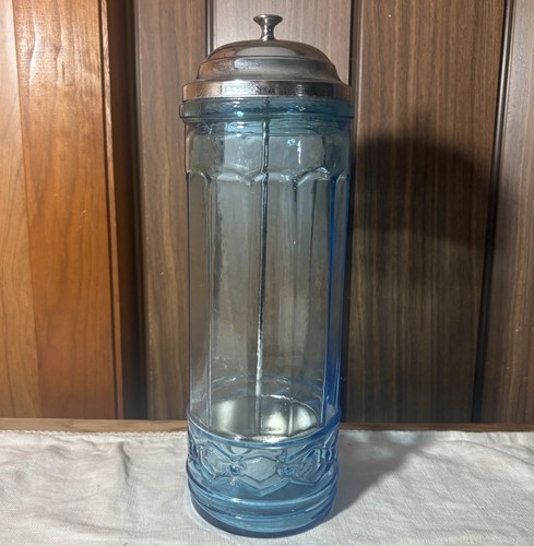 Vintage Blue Depression Glass And Chrome Soda Fountain Straw Dispenser Holder