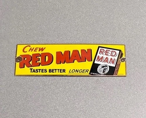 VINTAGE 12” RED MAN CHEW TOBACCO PORCELAIN SIGN CAR GAS OIL TRUCK MOTORCYCLE