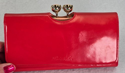 Ted Baker Red Patent Leather Bobble Matinee Wallet Gold Tone Polished Metal
